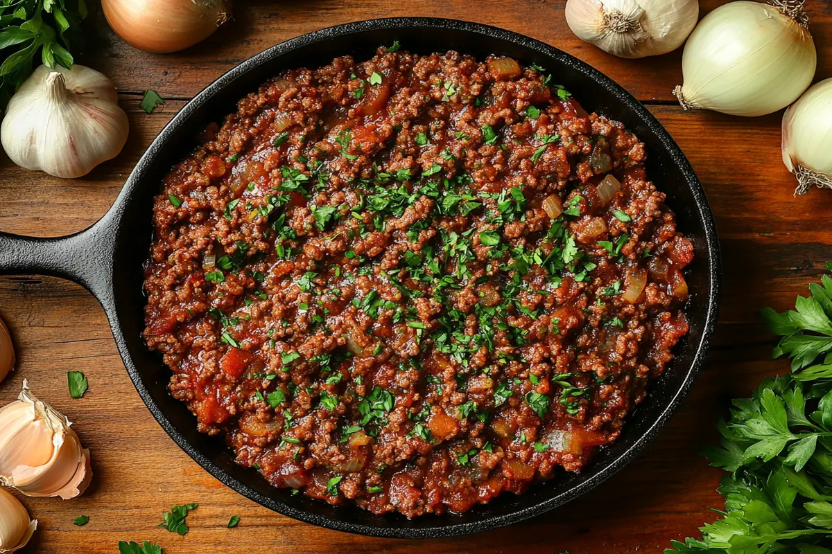 Cooked ground beef in a skillet with fresh spices and herbs