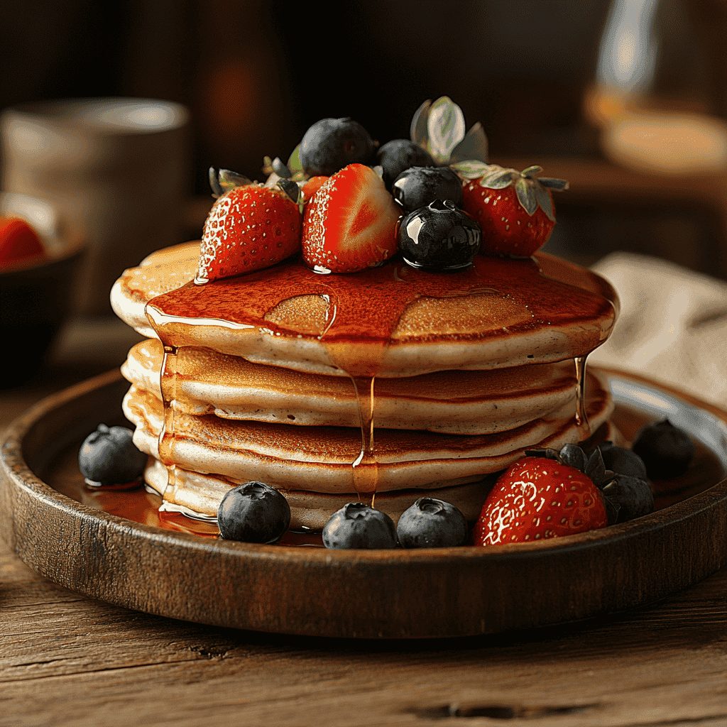 A stack of fluffy protein pancakes with fresh fruit and syrup.