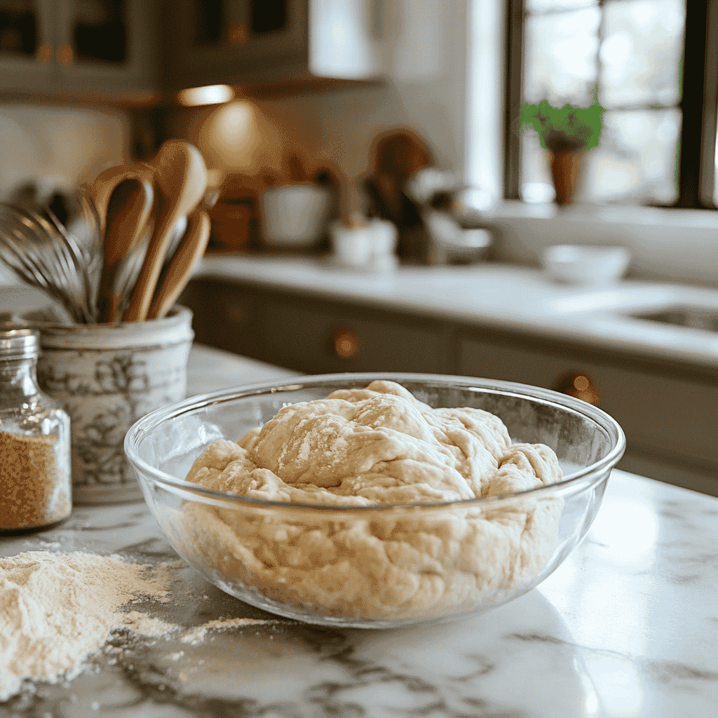 High-hydration sticky dough in a mixing bowl.