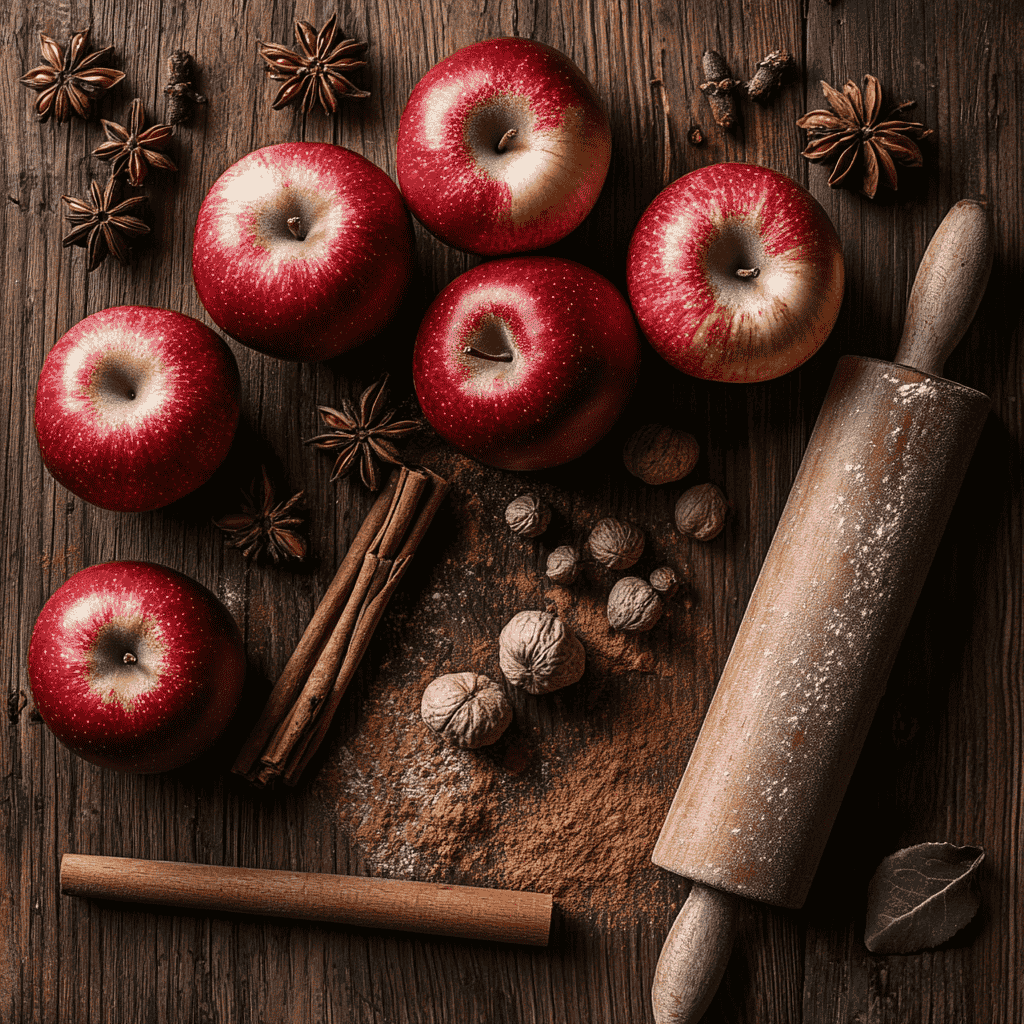 Should You Cook Apples Before Putting Them in a Pie? Fresh apples and spices on a wooden countertop
