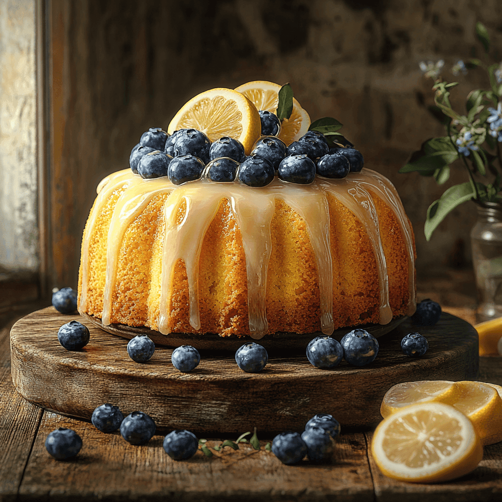 Lemon blueberry pound cake with glaze on a wooden table