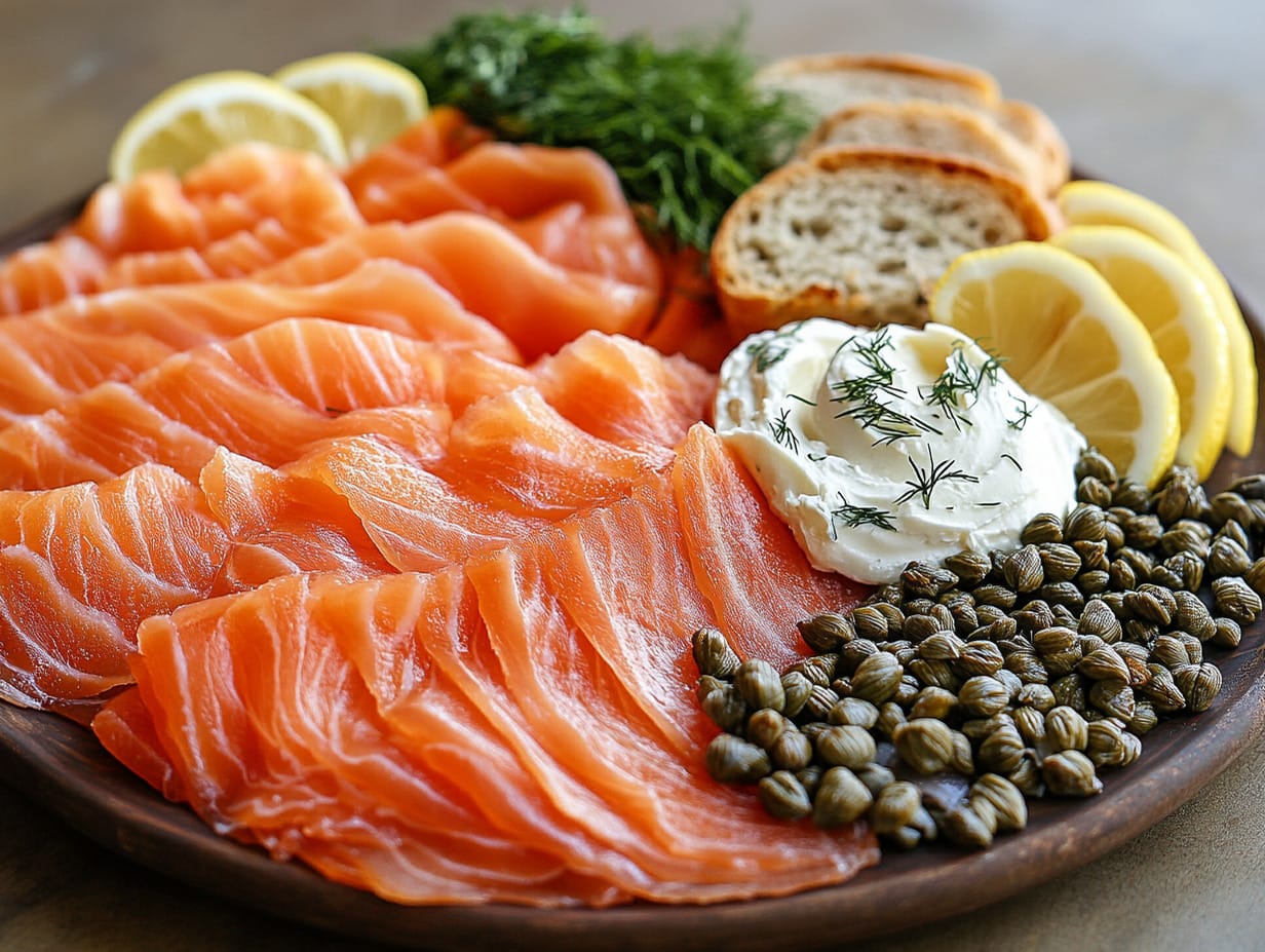 Smoked salmon with cream cheese, bread, and fresh herbs