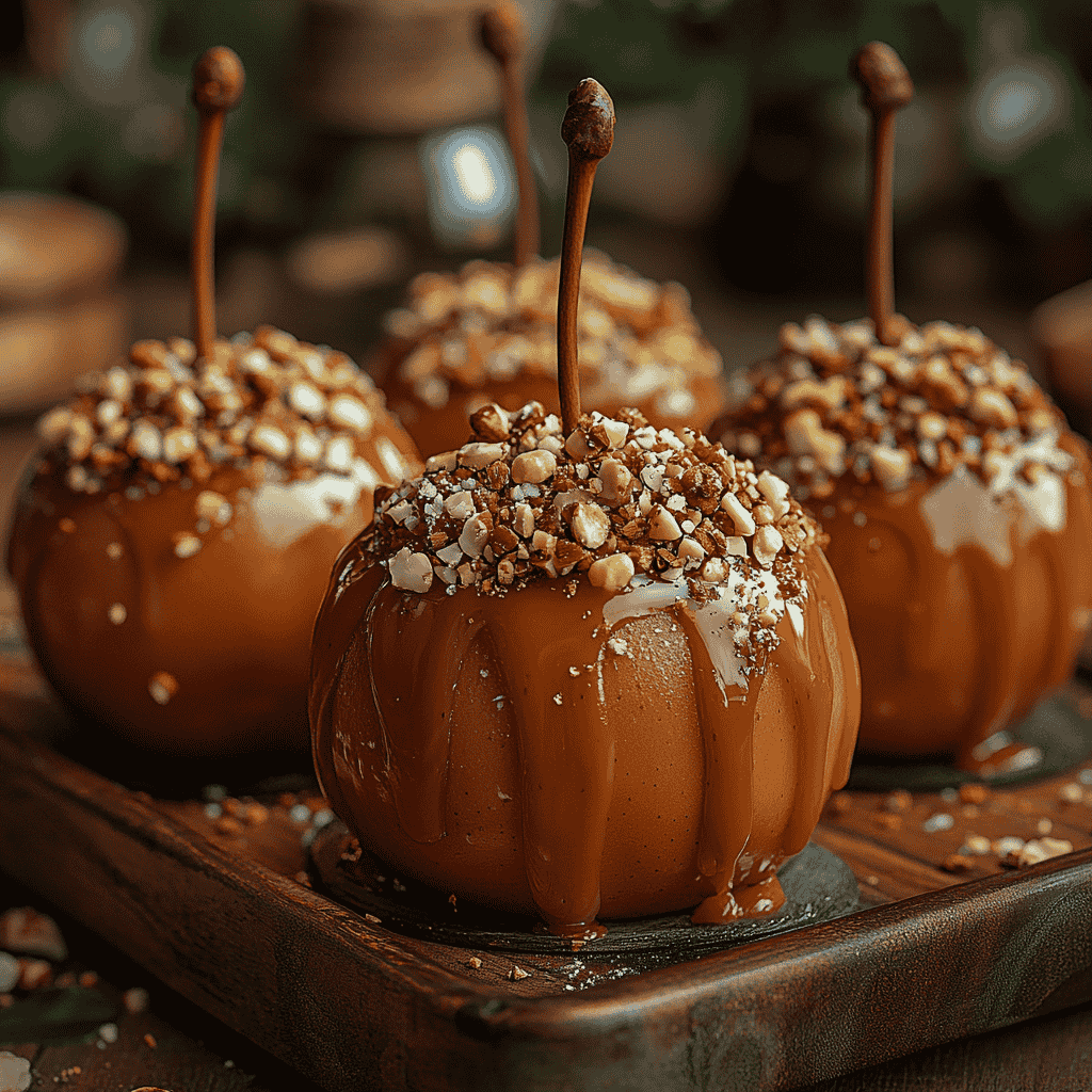 Caramel apples arranged on a tray with toppings like nuts and sprinkles