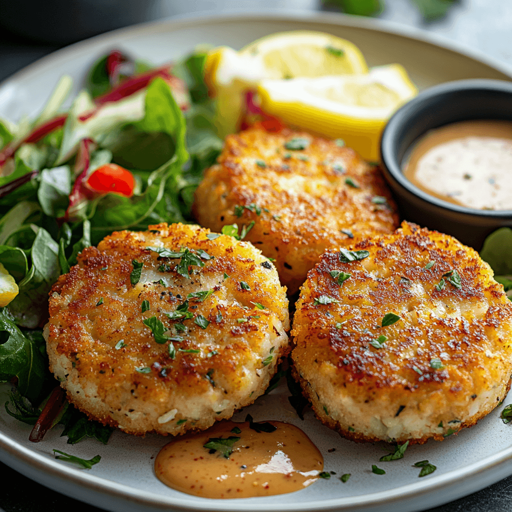 Crab cakes plated with a fresh salad and lemon wedges.