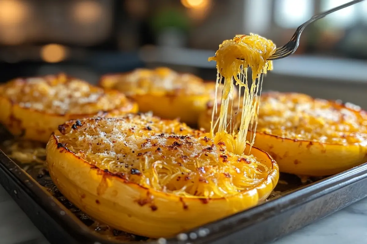 Spaghetti squash halves roasted on a baking sheet with a fork pulling strands