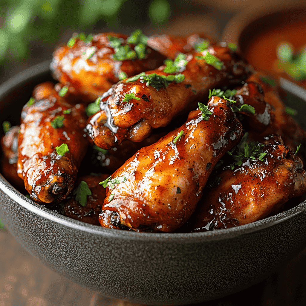 Perfectly coated Honey BBQ Chicken Wings with caramelized sauce.