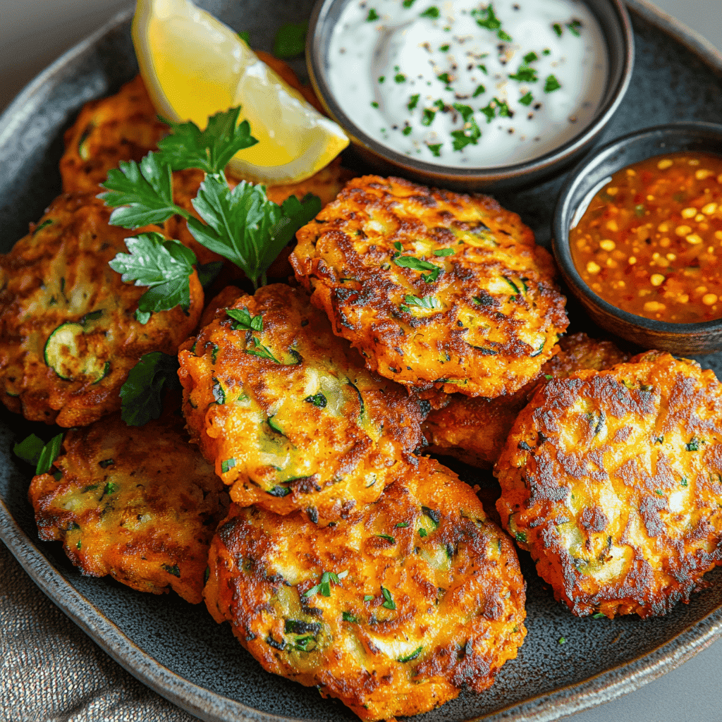 Plated zucchini carrot fritters with dips and garnishes