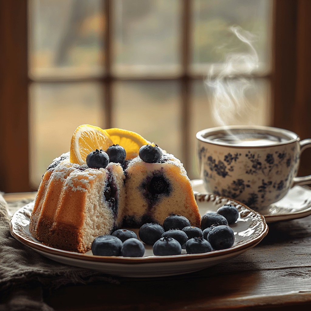 Slices of Lemon Blueberry Pound Cake served with tea