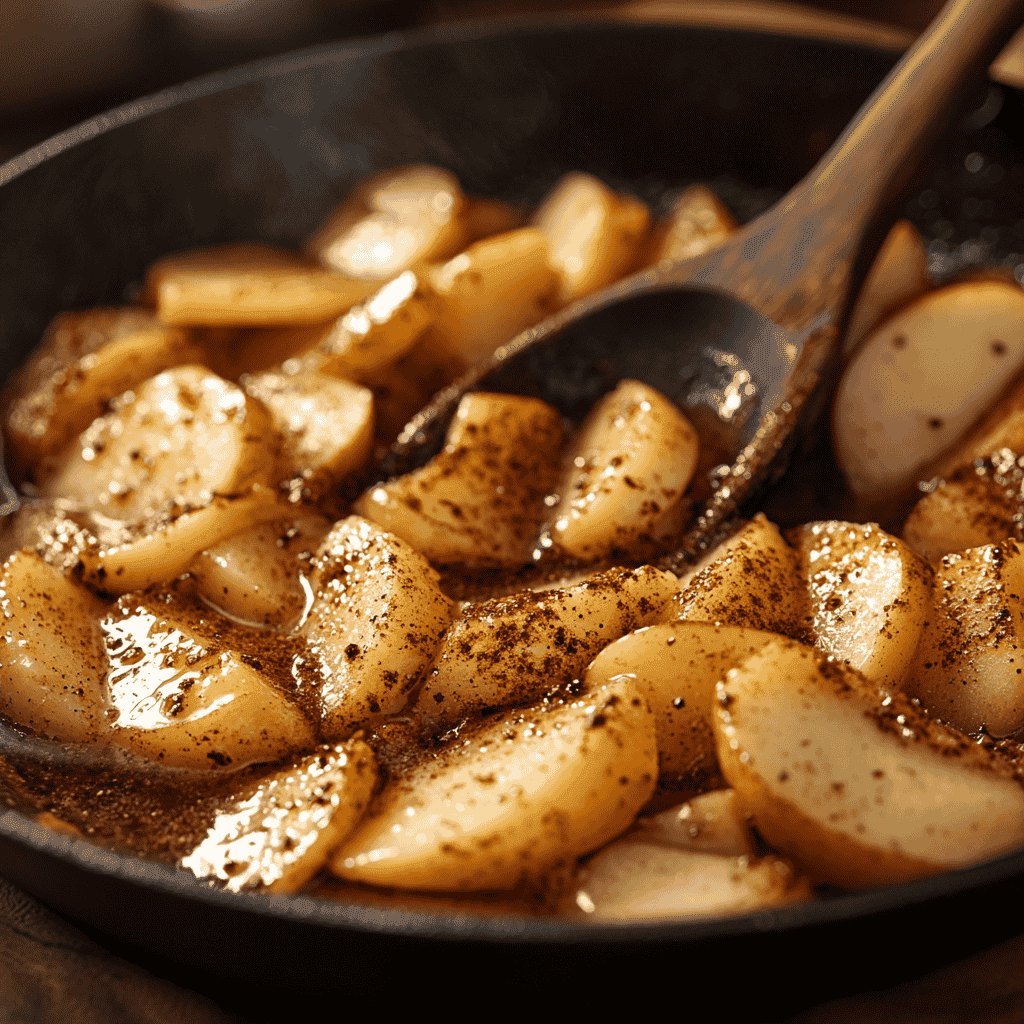 Pre-cooked apple slices in a skillet with spices