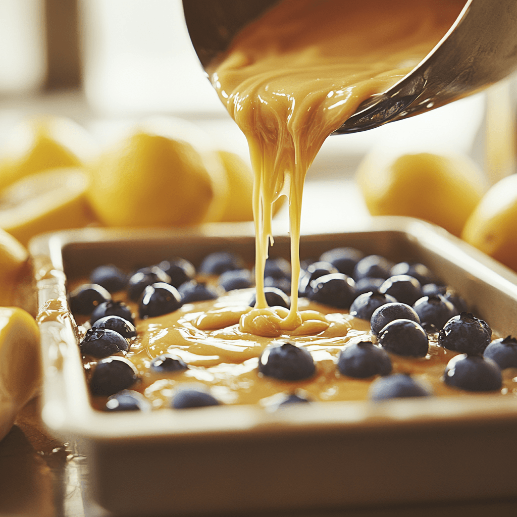 Batter being poured into a loaf pan with blueberries visible