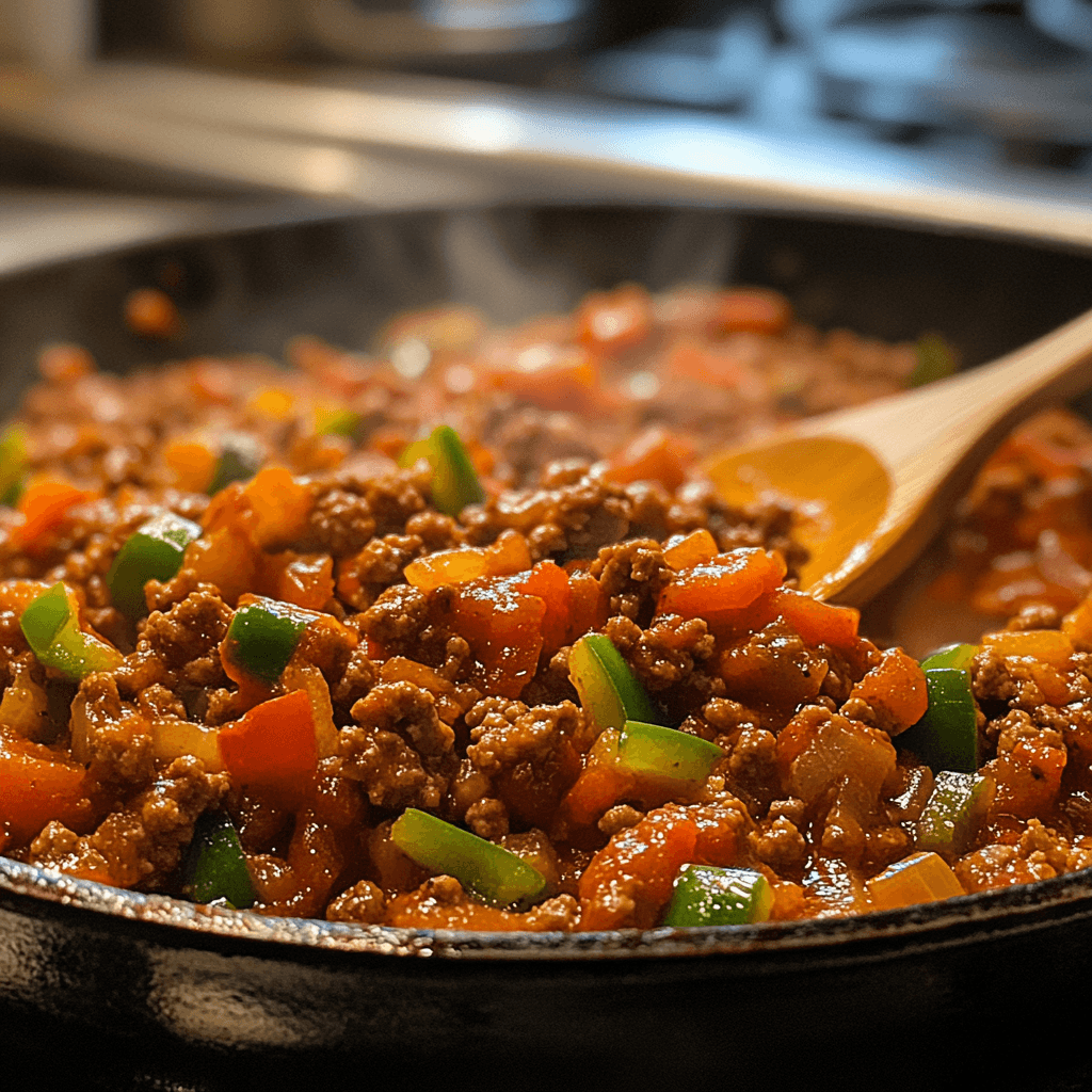 A skillet with cooked ground meat, peppers, and tomato sauce being stirred.