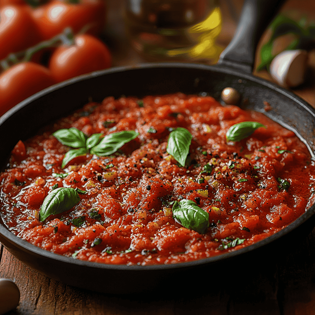 Tomato sauce simmering in a skillet with garlic and herbs.