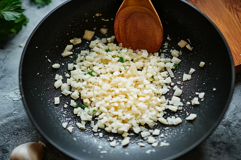 Should You Sauté Garlic Before Adding to Sauce? Minced garlic in a frying pan with olive oil