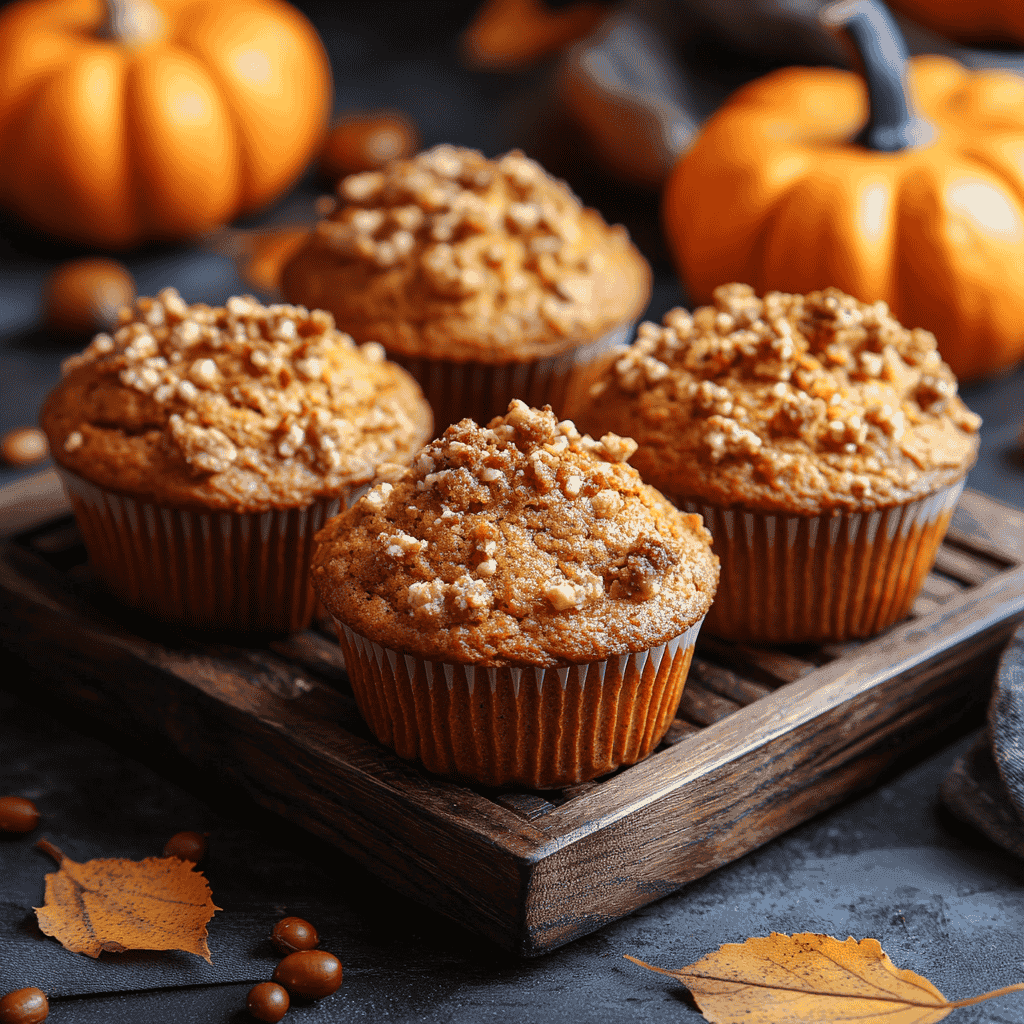 Muffins made with pumpkin puree on a wooden tray with fall decorations