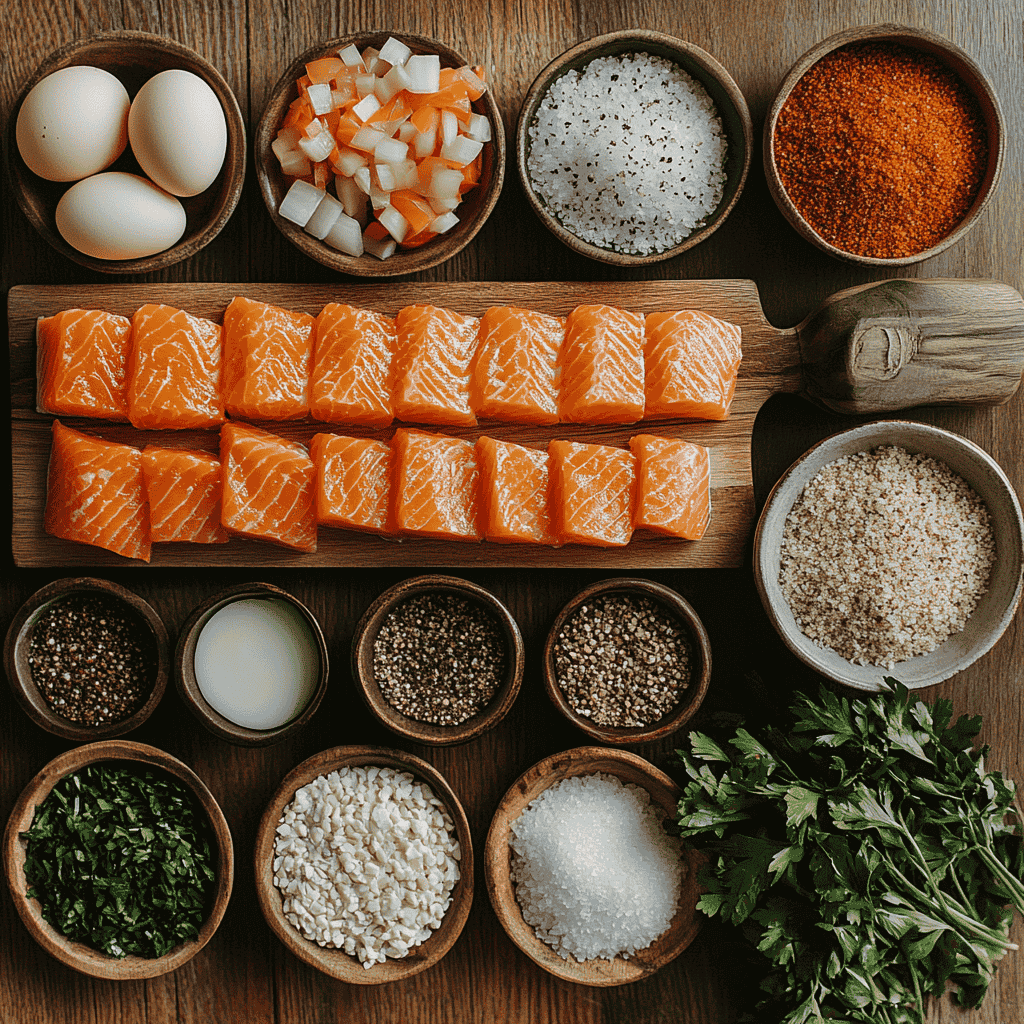 Ingredients for salmon patties arranged on a countertop