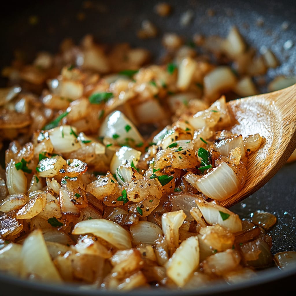 Sautéed garlic and onions in a pan.