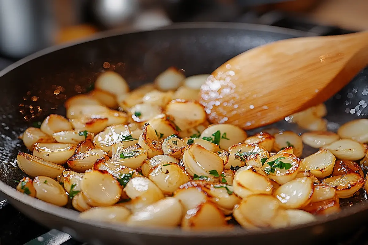 Sautéed garlic in a pan with olive oil