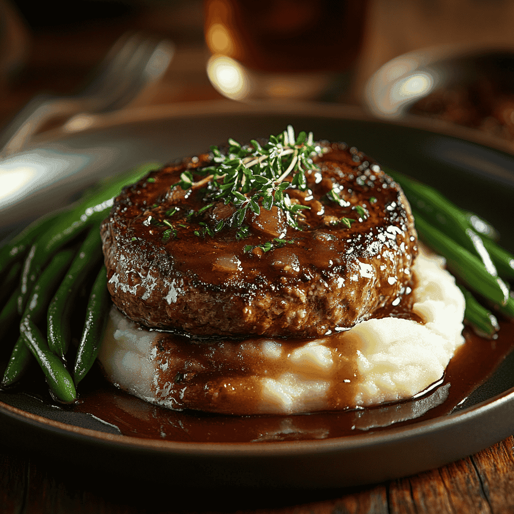 Salisbury steak served with mashed potatoes and green beans on a rustic plate