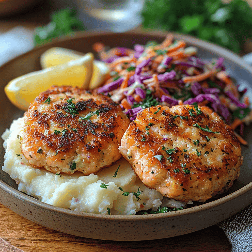 Salmon patties served with mashed potatoes and coleslaw.