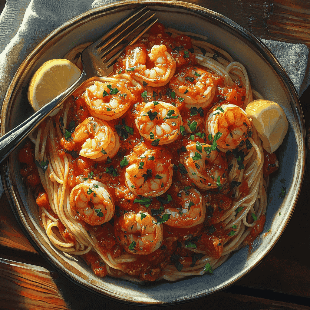 Shrimp pasta served in a shallow bowl with garnishes.