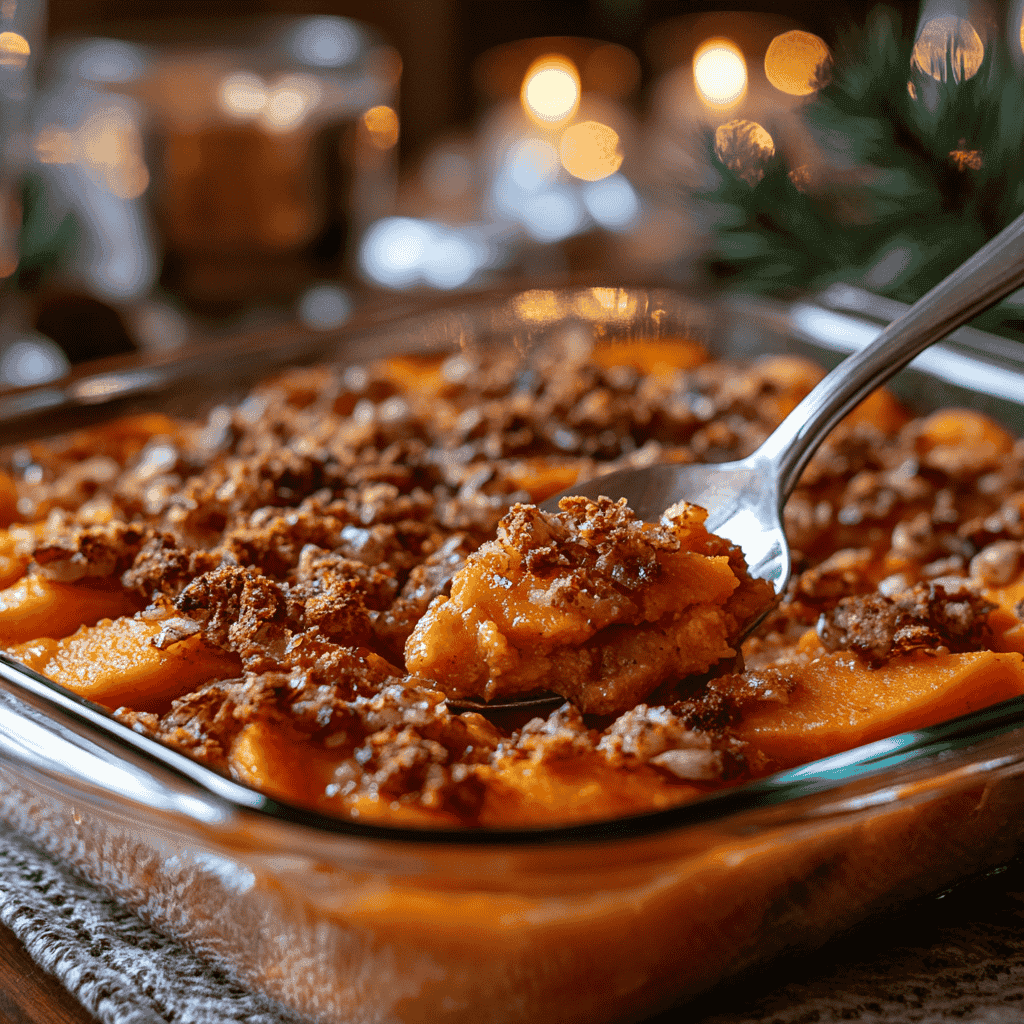 Sweet potato casserole with a spoonful being served