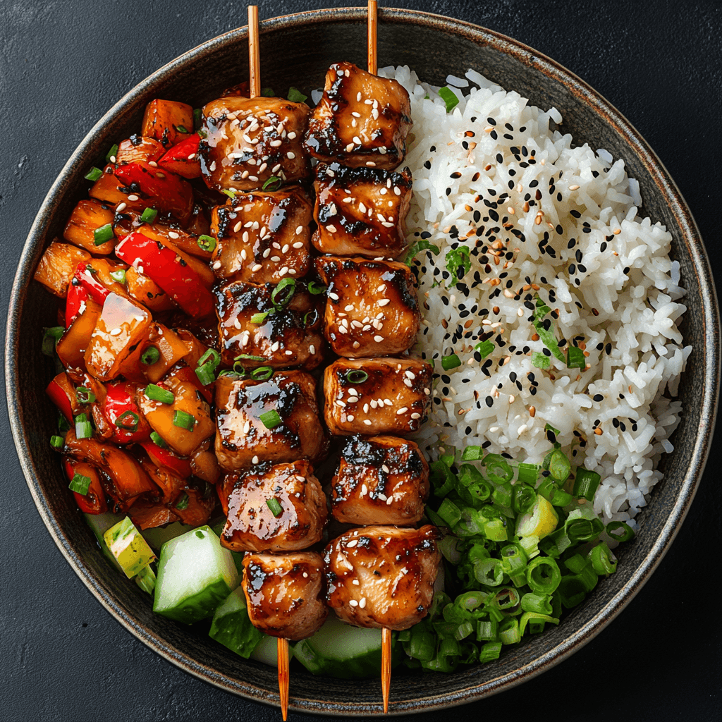 Teriyaki chicken skewers served on a platter with rice and vegetables