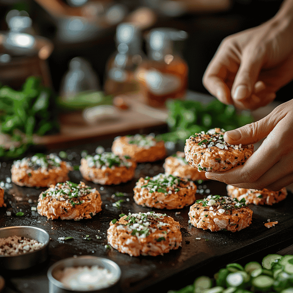 A hand shaping salmon mixture into patties