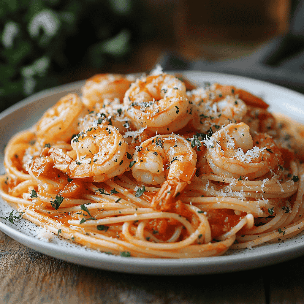 Plate of shrimp with spaghetti pasta sauce garnished with fresh parsley.