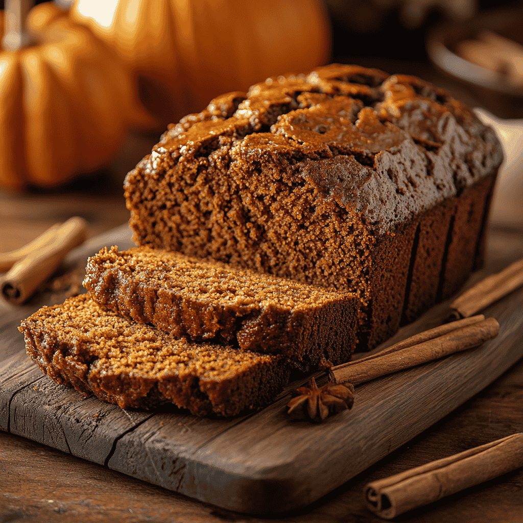 A sliced loaf of pumpkin bread showing its moist texture