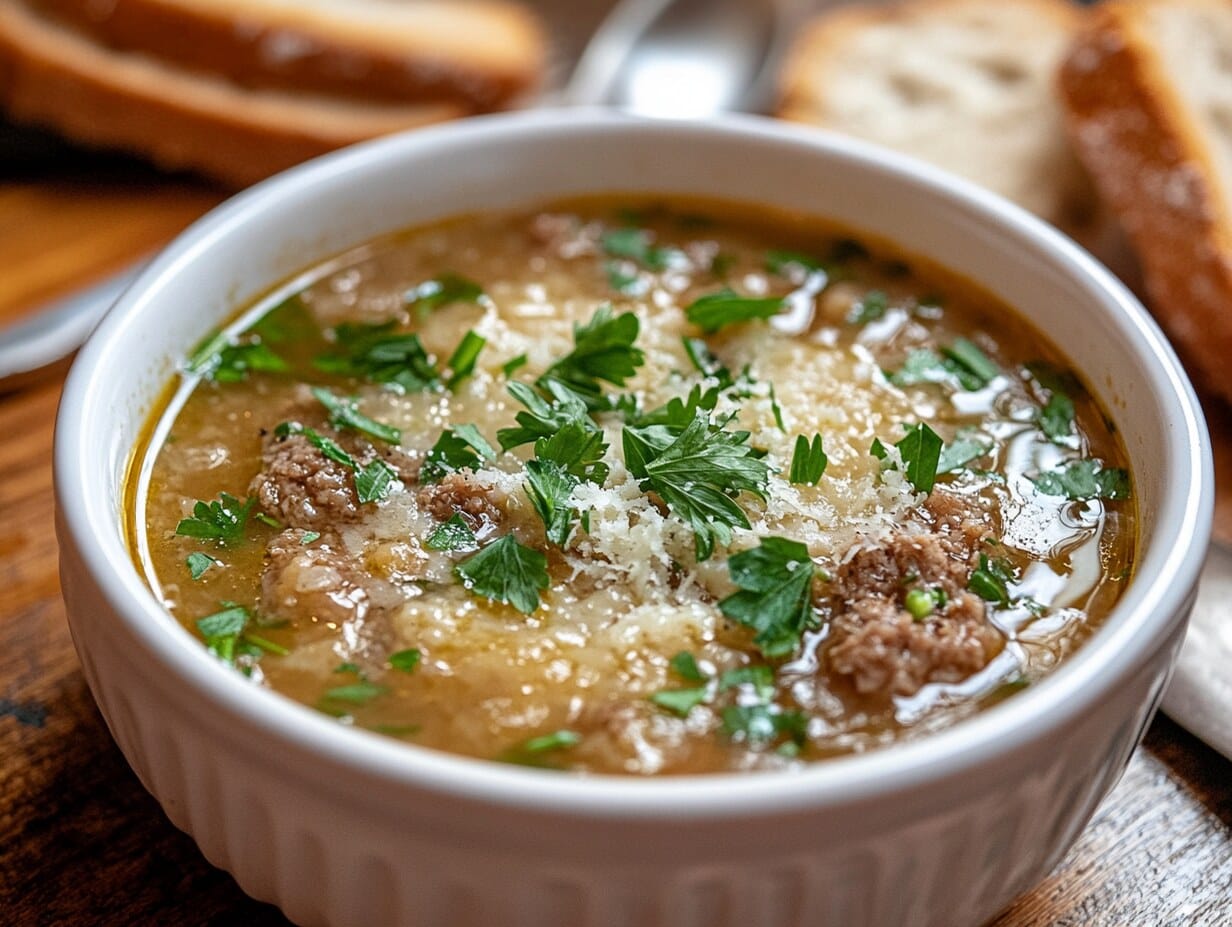 A bowl of slow cooker Italian wedding soup with meatballs and spinach
