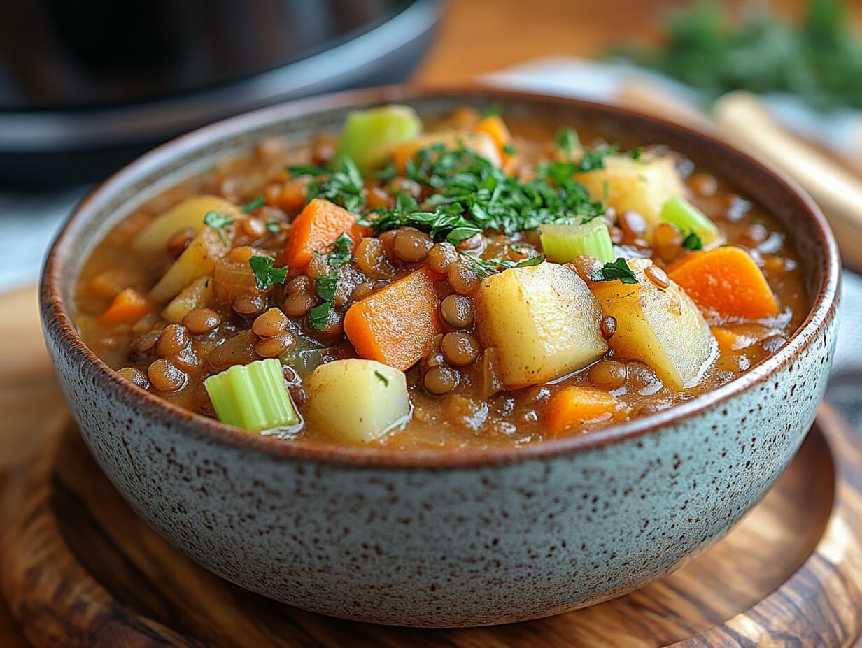 Hearty slow cooker lentil stew garnished with parsley in a rustic bowl