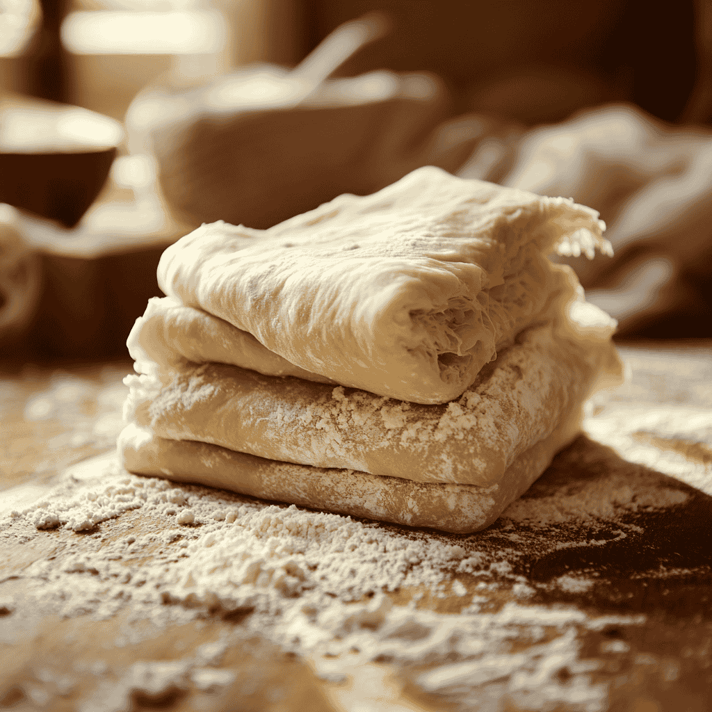 Sticky sourdough dough being stretched and folded on a counter.