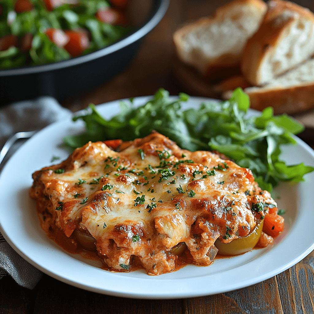 A slice of stuffed pepper casserole served on a plate with a side salad