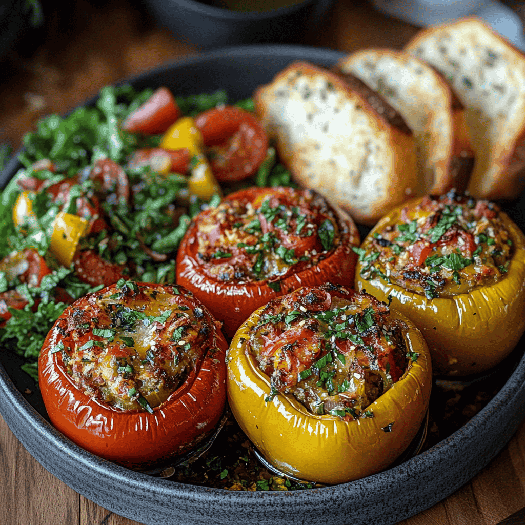 A plate of stuffed peppers with garlic bread.