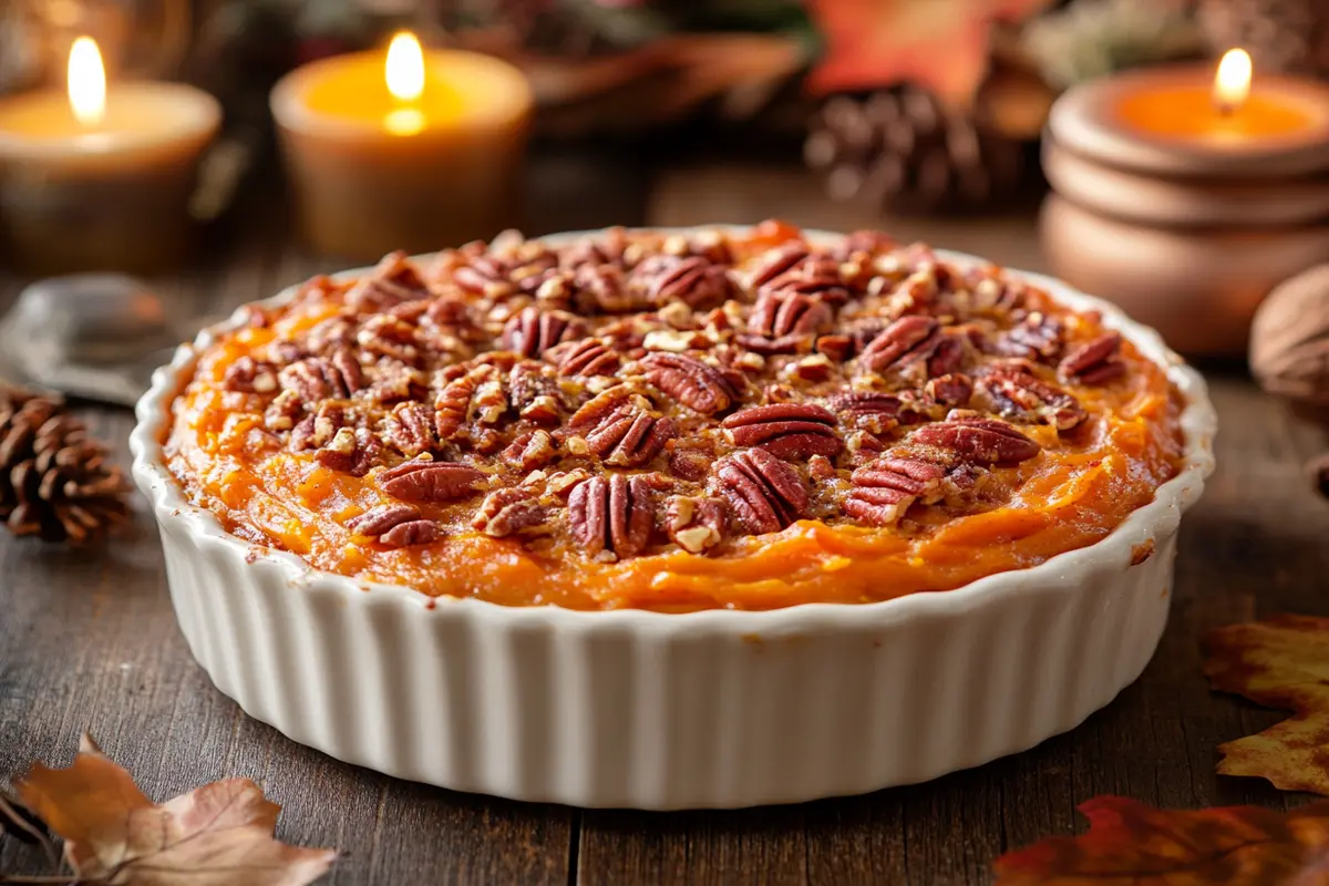 A sweet potato casserole with pecan topping on a table