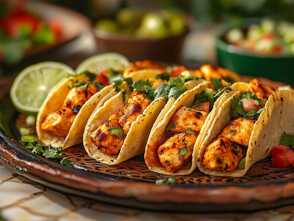 A taco bar setup with chicken and various colorful toppings.