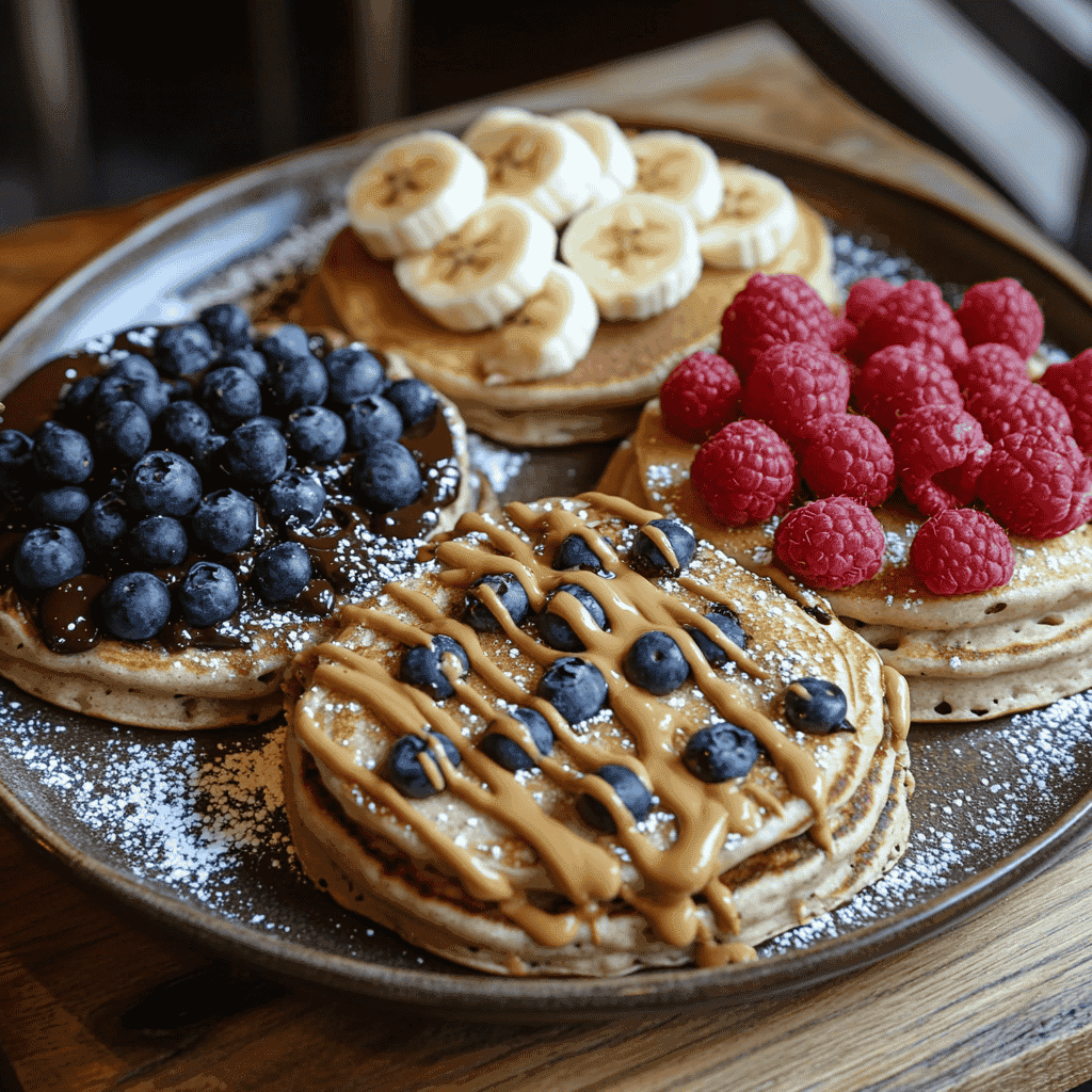 Different versions of protein pancakes with various toppings.