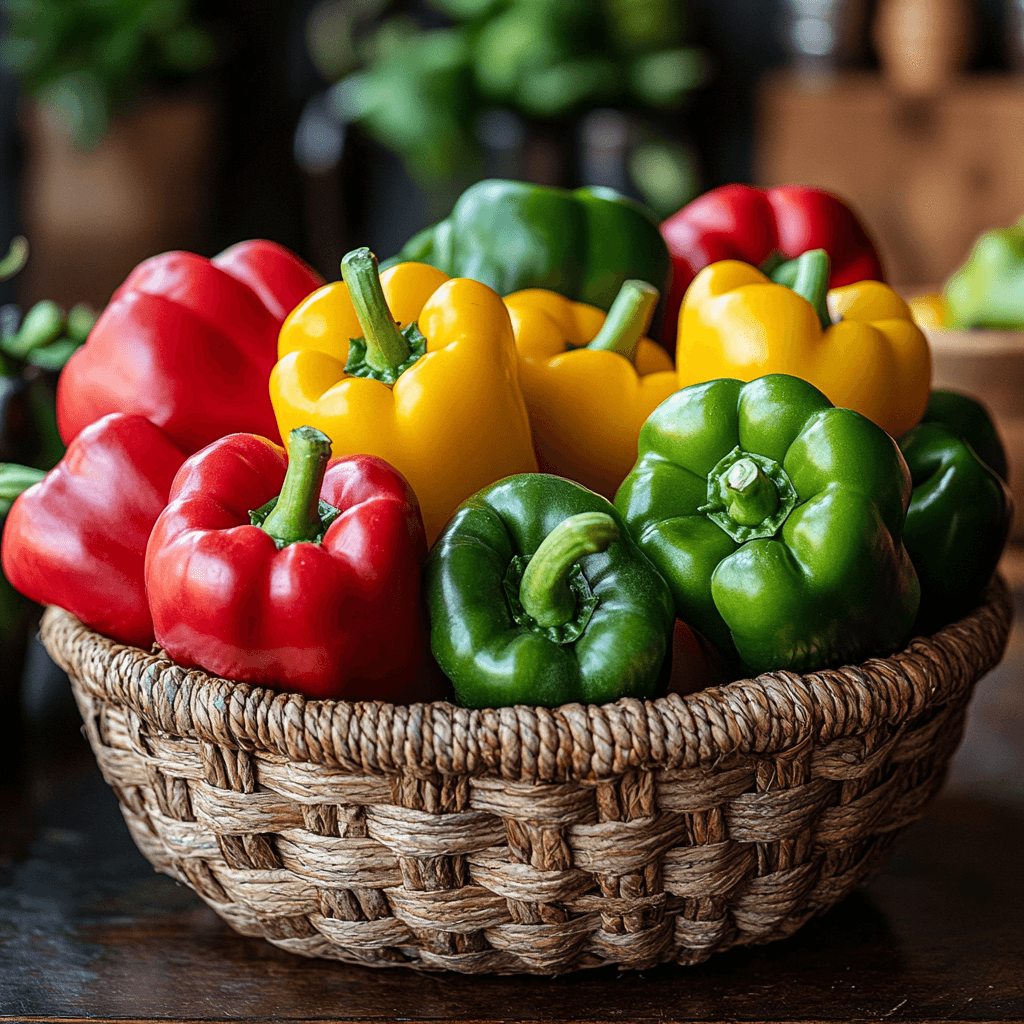 A variety of colorful bell peppers arranged in a basket