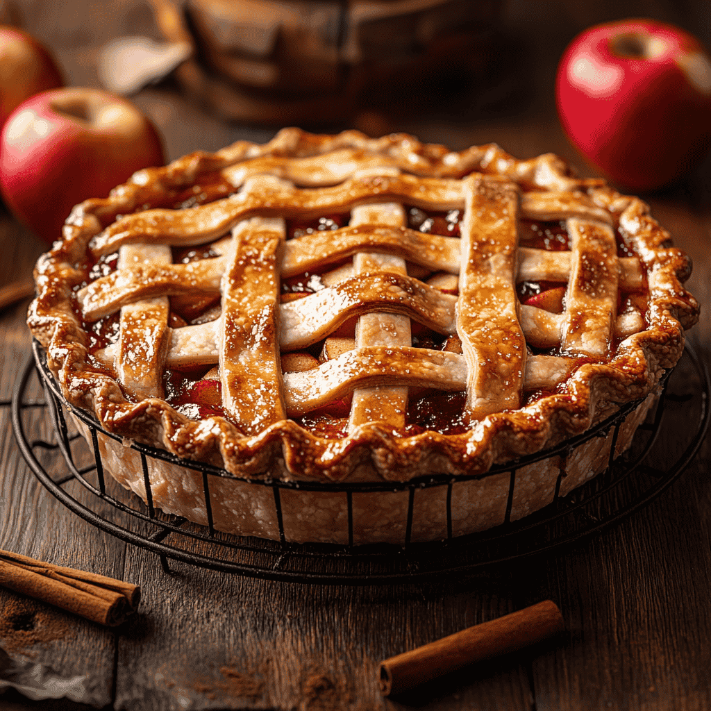 A lattice-topped apple pie fresh out of the oven.