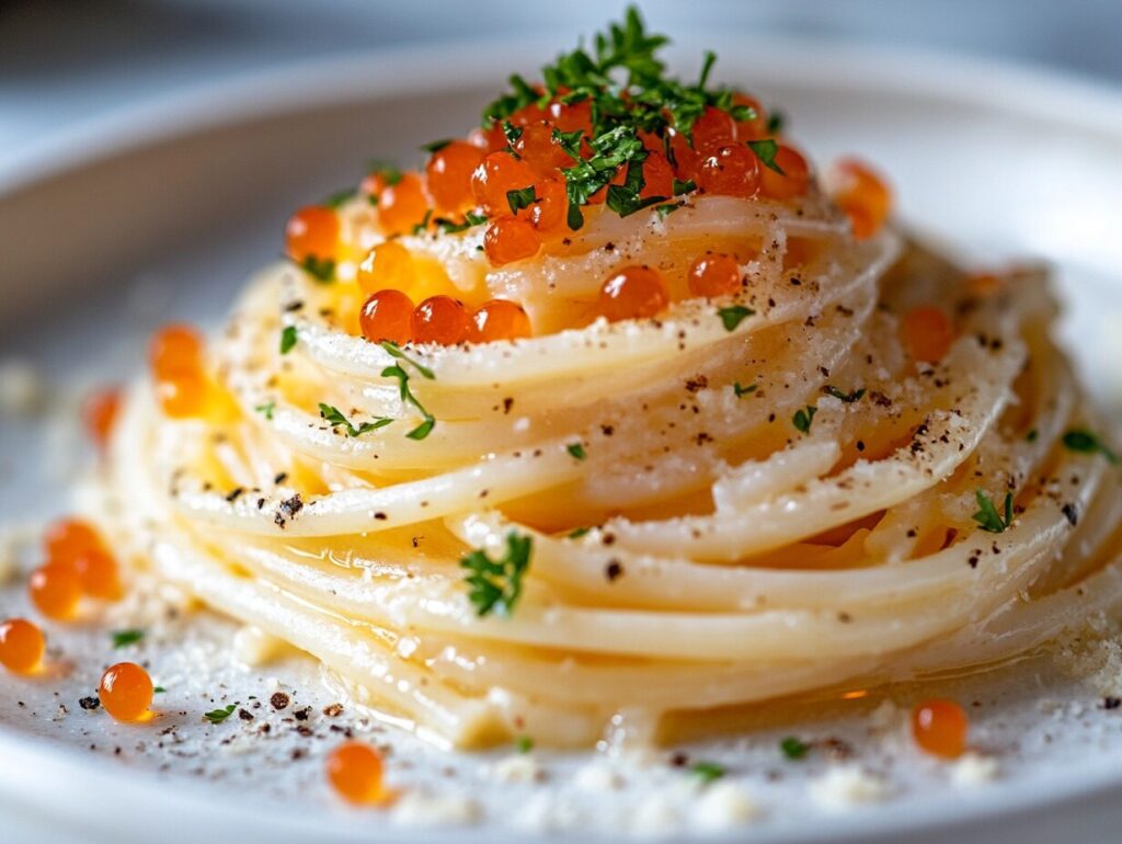 Creamy Tobiko pasta garnished with parsley and colorful Tobiko pearls.