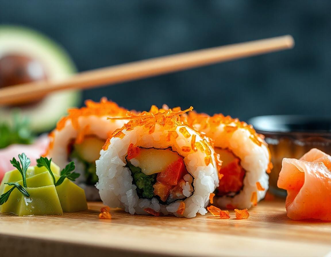 Close-up of orange Tobiko on sushi rolls with Japanese-style presentation.