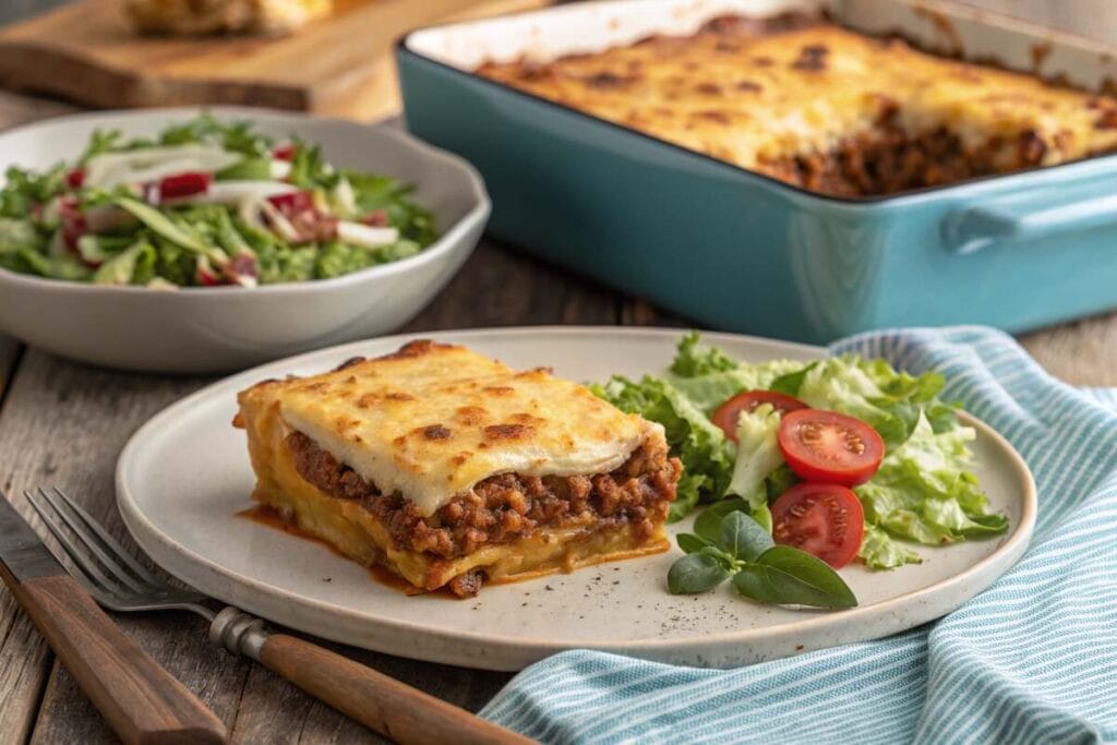 A freshly baked dish of Greek pastichio with a golden-brown béchamel topping, showcasing the difference between Greek pastichio and moussaka.