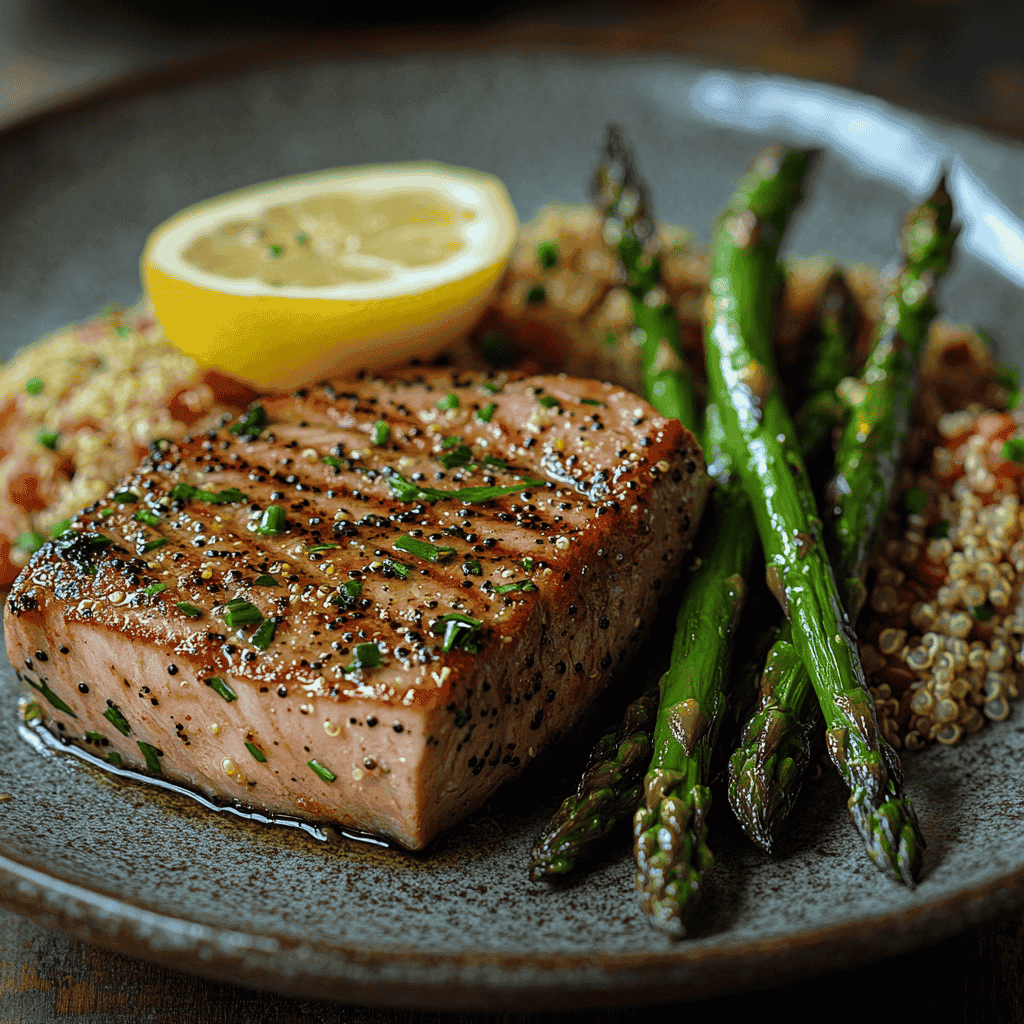 A plated marinated tuna steak with a side of quinoa and roasted asparagus.