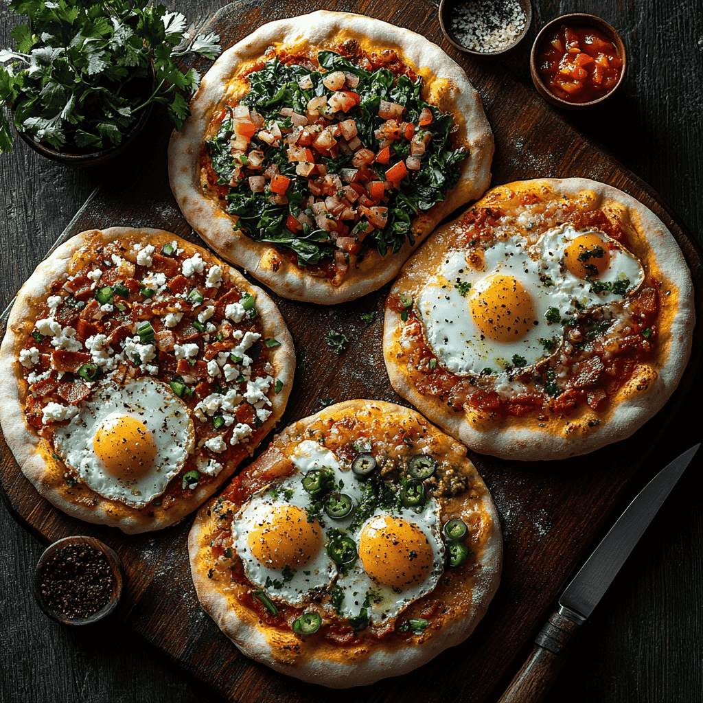 Different styles of breakfast pizzas with unique toppings.