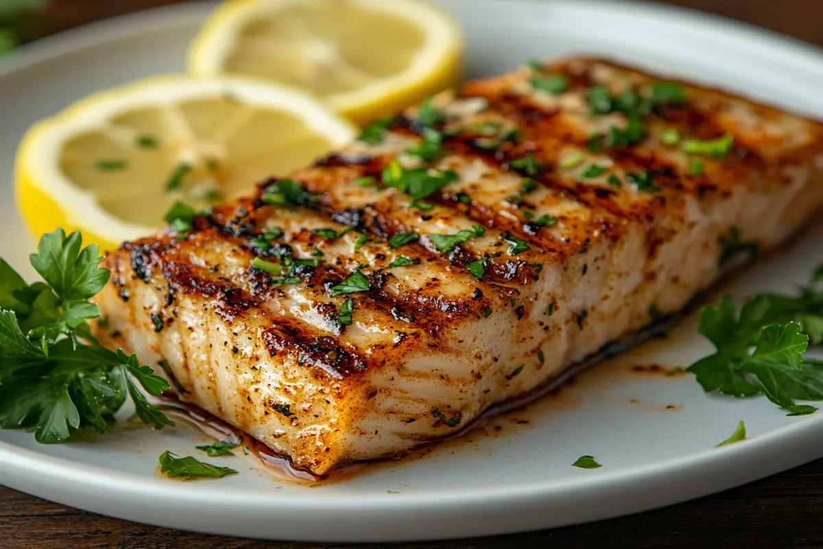 A plate of grilled tuna steak with lemon slices and herbs