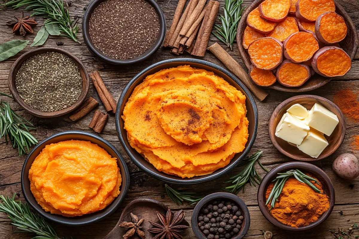 Sweet potatoes baked, roasted, and mashed on a table