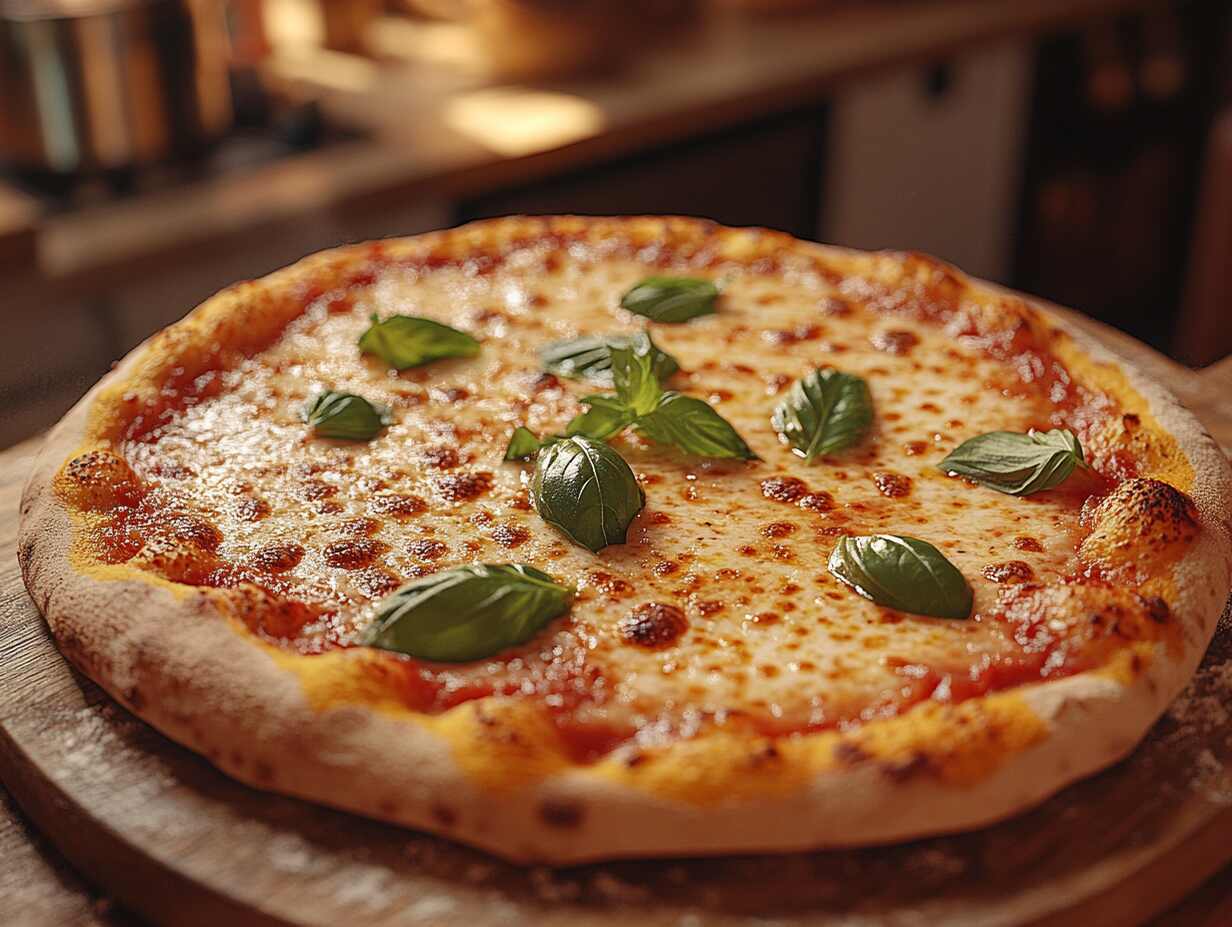 A close-up of a freshly baked pizza with melted cheese and toppings