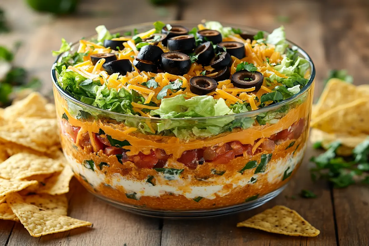 A layered taco dip with fresh toppings served in a glass dish