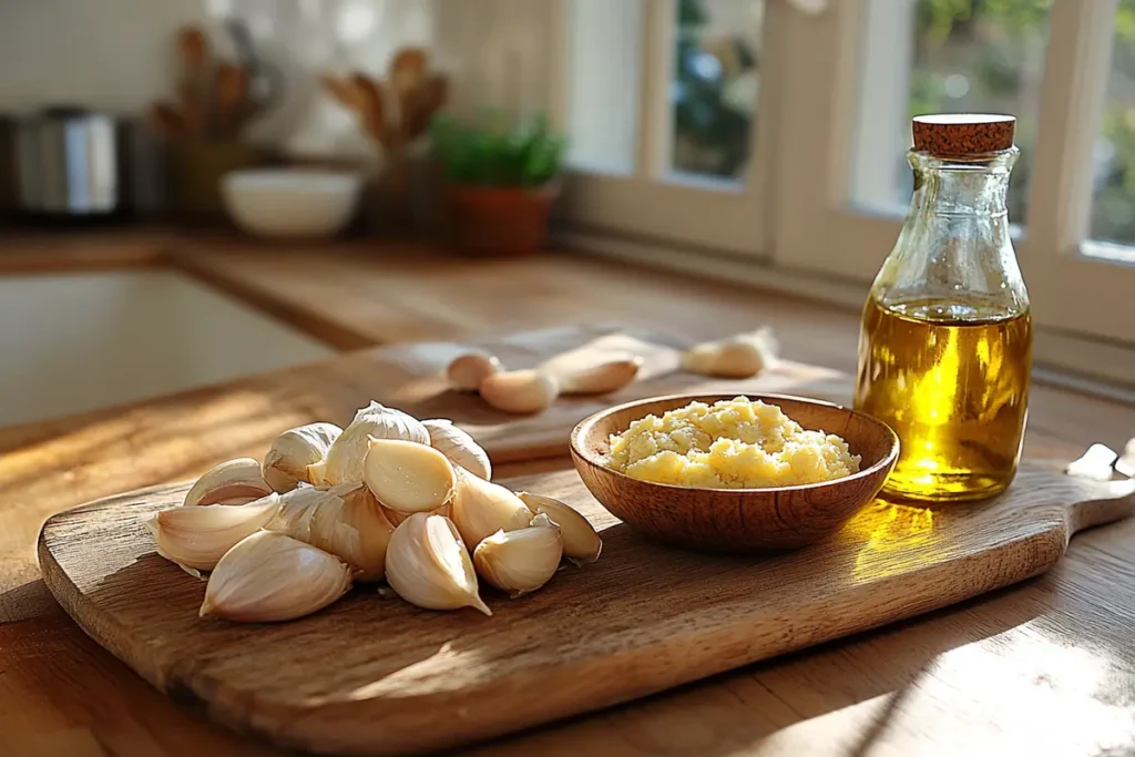 Raw garlic cloves next to a small bowl of garlic paste