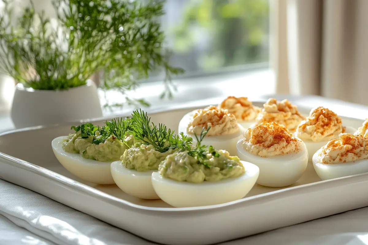 A side-by-side comparison of angel eggs and deviled eggs on a serving tray.